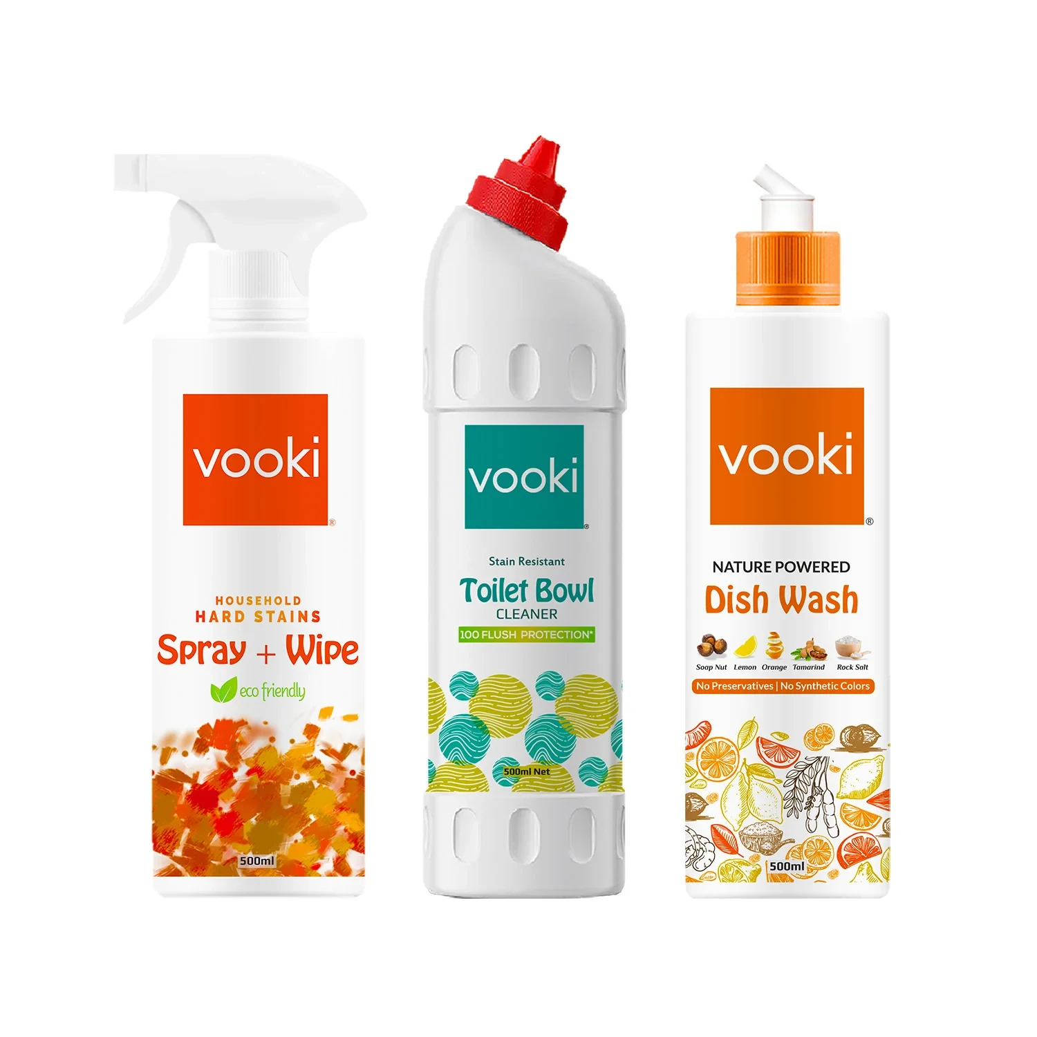 Vooki Nature Powered Dish Wash, Toilet Bowl Cleaner And Hard Stain Spray + Wipe, 500ml Each (Combo Pack of 3)